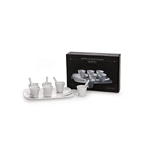 Set: 6 Bicchierino Caffe'+6 Palettine+1 Vassoio Cm.18,5X27 In Porcellana