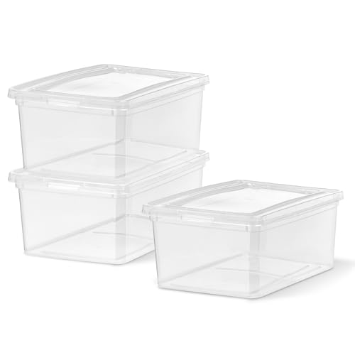 Iris Ohyama, caja de almacenamiento de plástico multiusos, 16L, juego de 3, transparente, cierre fácil, apilable, para dormitorio, cocina, oficina, cuarto de baño, ropa, juguete, sin BPA, CNL-16E