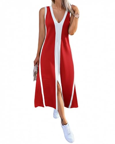 CHICME Women's Sleeveless V Neck Color Block Dress with Slit
