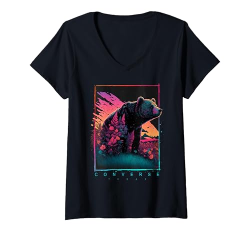 Image of Women's Converse Texas Vintage Bear V-Neck T-Shirt, Black, Medium