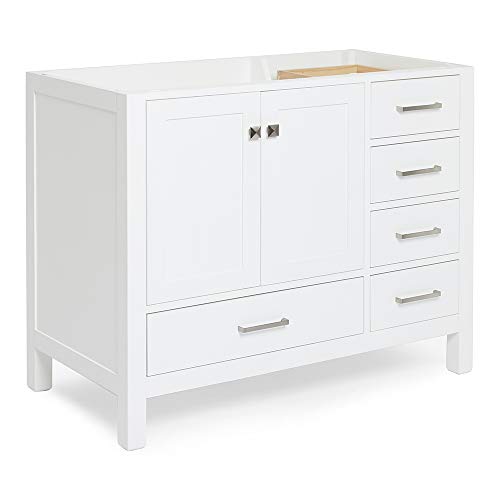 Ariel 42" White Bathroom Vanity Base Cabinet, Left Offset Sink Configuration, 2 Soft Closing Doors, 9 Full Extension Dovetail Drawers, Brushed Nickel #TOP1