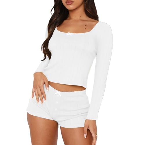 Image of Women's Two Piece Outfit Lace Trim Top and Shorts Set 2 Piece Lounge Sets Ladies PJs Summer Clothes