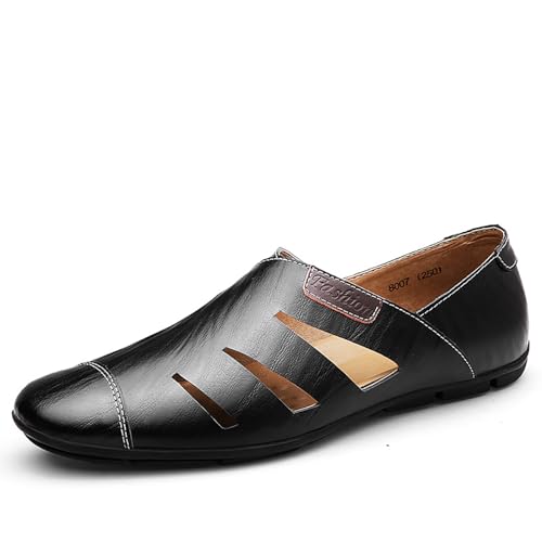 Men's Leather Hollow Out Sandals Comfortable Breathable Closed Toe Slip On Flat Loafers Business Work Casual Walking Shoes