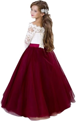 Girls Off-Shoulder Lace Tulle Princess Pageant Dress Long Sleeve Kids Flower Girl Dress for Birthday Weddings2