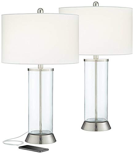 360 Lighting Watkin Modern Table Lamps 27.5" Tall Set Of 2 Led With Usb And Ac Power Outlet In Base Dimmable Clear Glass Column White Drum Shade For Living Room Bedroom Bedside Nightstand #TOP23