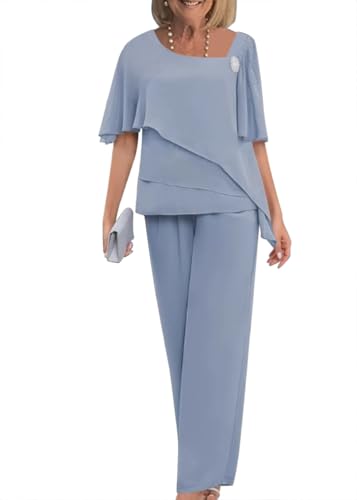 shownicer Completo Donna Elegante Chiffon Camicia a Maniche Corte et Pantalon 2 Pezzi Set Taille Haute Taglia Grande Cerimonia Outfits B GrigioBlu XXL