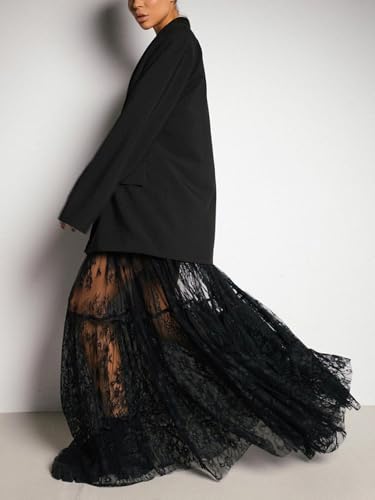 Women Sexy High Waist Solid A-line Cover Ups Beach Sheer Mesh Lace Maxi Skirt Without Lining3