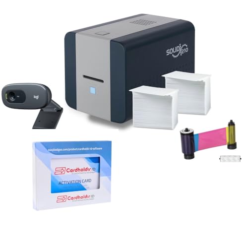 Cardholdir ID Easy Badges Solid 210 ID Badge Printer | with Beginner Software, HD Webcam, & Everything Needed to Design and Print 200 ID Cards, | Single Sided Employee & Student ID Card Printer
