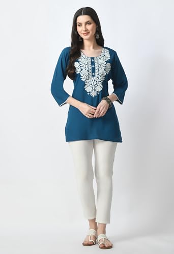 Image of LIBOZA Kurti for Women - Short Chikankari Kurtis for Girls, Lakhnawi Tunic Top Kurta Design for Ladies, Woman Ethnic Kurthis & Shirt with Sleeve