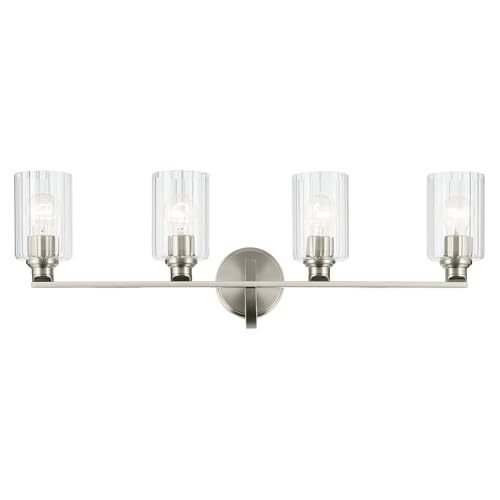 Image of Kichler Gioe 32.25 inch 4-Light Bathroom Vanity Light Fixture with Clear Fluted Glass in Brushed Nickel, Damp Rated for Bathroom, Powder Room, Over Mirror (32.25 inch W x 10.5 inch H), 55227NIFLU