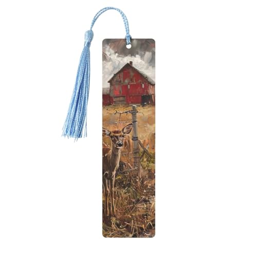 Farm with Deer プリント タッセル付き木製ブックマーク 5個 読書ページマーカー ブックマーク 男性女性へのギフト。