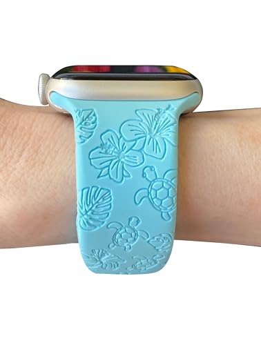Maggiebands Engraved Turtle Watch Band Compatible with Apple Watch Bands 38mm 40mm 41mm 42mm 44mm 45mm 46mm Silicone Replacement for iWatch Series 10 9 8 7 6 5 4 3 2 1 SE, Hibiscus Turtle