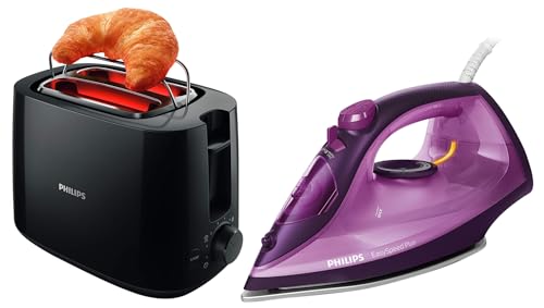 Image of Philips EasySpeed Plus Steam Iron GC2147 /30-2400W, Quick Heat up with up to 30 g /min steam, 150g steam Boost & Philips Daily Collection HD2583 /90 600-Watt 2 in 1 Toaster and Grill (Black)