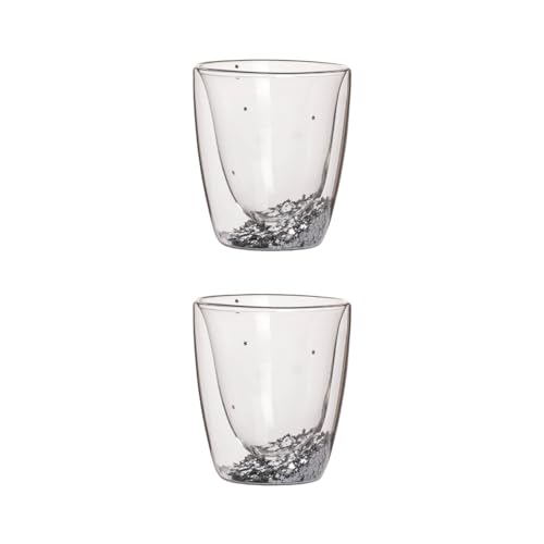 Image of Nestasia Set of 2 Double Wall Tumblers (225ml) | Silver Star Sequin Design, Dishwasher-Safe, Lead-Free Glassware | Ideal for Juices, Cocktails, and Desserts