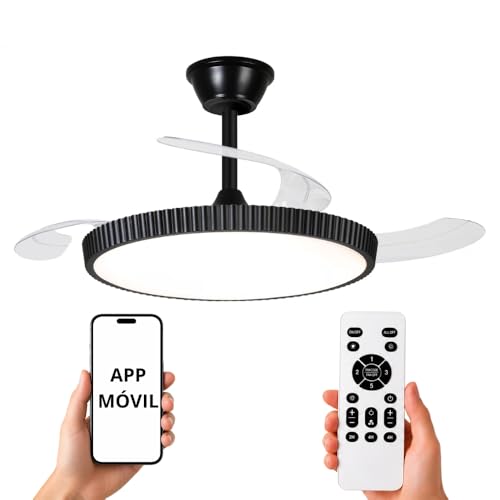 NARVI Ventilador de Techo Negro Ø107 cm con Luz LED Regulable, Motor DC Silencioso de Bajo Consumo, Lámpara Ventilador con Mando a Distancia, 3 Aspas Retráctiles, MANHATTAN 8996 BK