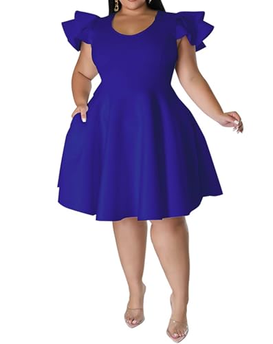 Image of IyMoo Women's Plus Size Cape Flutter Sleeve Stretchy A Line Swing Flared Skater Cocktail Party Dress with Pockets