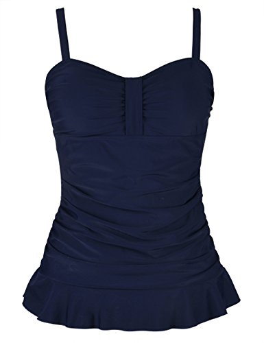 Image of Hilor Women's 50's Retro Ruched Tankini Swimsuit Top with Ruffle Hem