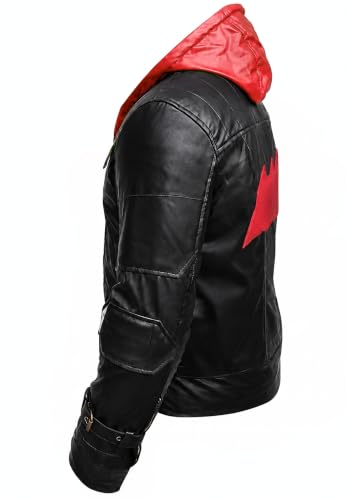Image of Black and Red Hood Leather Jackets and Vest 2 in 1