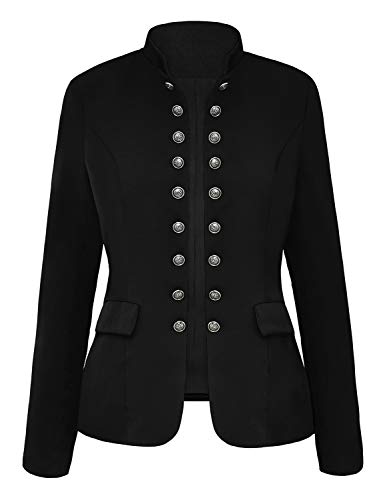 Roskiky Women Casual Solid Jacket Suit Open Front Stand Neck Buttons Work Blazer Black Size Medium (Fits UK 12-UK 14) steampunk buy now online