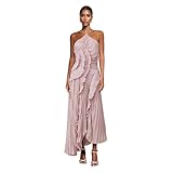 Vestido largo plisado con volantes para mujer, sin mangas, cuello halter, irregular, plisado, de gasa, para invitados de boda, rosa, S