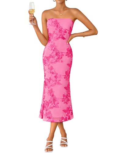ZESICA Women's Summer Strapless Floral Midi Dress 2026 Bodycon Mesh Tube Wedding Guest Cocktail Party Formal Dresses Rose Small