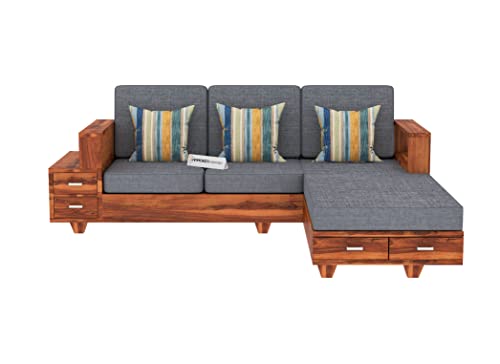 Image of Sheesham Wood 4 Seater L Shape Sofa Set with 2 Drawer Storage | 3+1 Wooden Sofa Set Furniture for Living Room Home Office (Honey Finish)