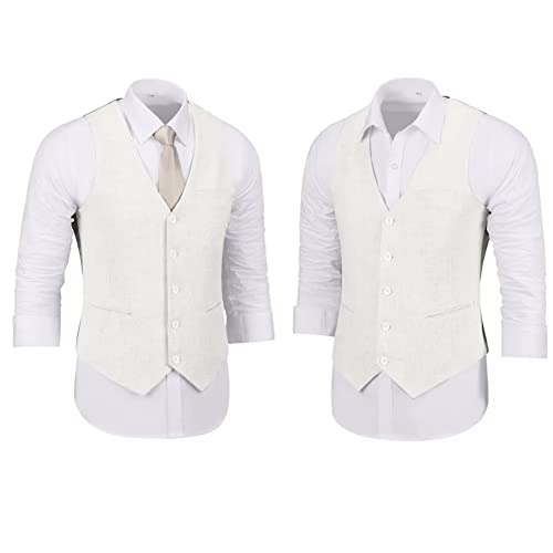 2 Piece Linen Suits For Men Slim Fit Formal Ivory Wedding Suit Groomsmen Prom Tux Suit For Summer Beach Suit Vest Pants Xl #TOP4