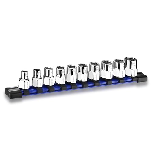 WORKPRO 3/8 Drive Metric Socket Set 10-Piece 717 mm External Hex Shallow Sockets Cr-V Steel Anti-Roll Design with Socket Rail for DIY & Car Repair