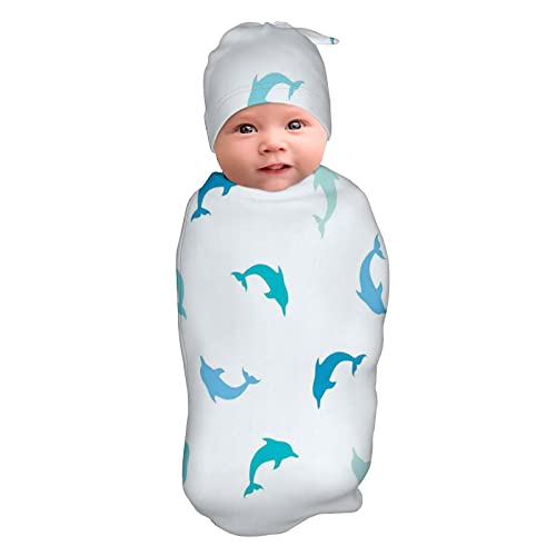 Image of niBBuns Sea Animals Newborn Receiving Blanket Unisex,Playing Dolphin Aquatic Animal,with Hats Receiving Blankets for Baby Boys Girls,Turquoise Blue Navy