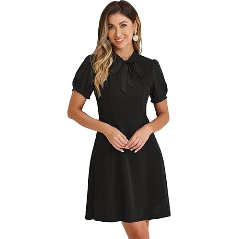 Allegra K Women's Bow Tie Keyhole Neck Puff Sleeve Elegant Work Dress Black XS Cover