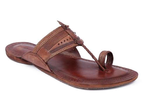 Image of KORAKARI Mens Handmade Kolhapuri Chappal Smooth and Comfortable, Stylish Durable Anti Slip Design Flip Flops Slippers Genuine Leather Traditional Indian Footwear.