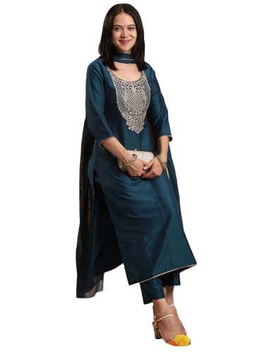 Image of GoSriKi Women's Rayon Viscose Embroidered Straight Kurta with Pant & Dupatta