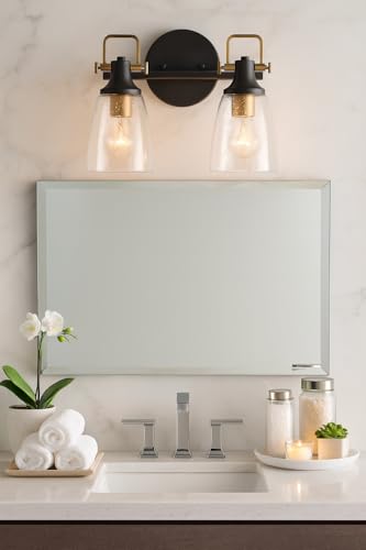Image of Hinkley Easton Two Light Bath Vanity Fixture, Modern Industrial, Clear Seedy Glass Shade, Mounts Up or Down, Black and Heritage Brass