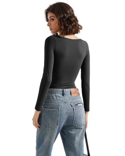 SUUKSESS Women Double Lined Fitted Basic T Shirts Scoop Neck Long Sleeve Crop Top3