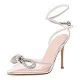 SIFINELAR Women's Glitter Sequin Ankle Strap Stiletto Heeled Sandals Rhinestone Bow Clear High Heels Sparkly Prom Pumps Shoes