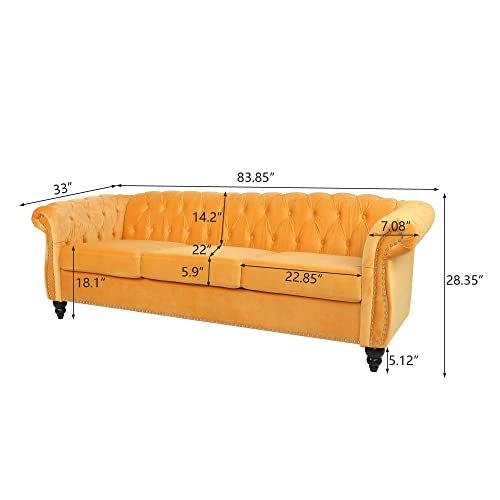 Phoyal Modern 3 Seater Couch, Large Sofa Furniture, Roll Arm Classic Tufted Chesterfield Settee Leather Sofa With Channel Tufted Seat Back For Living Room, Yellow #TOP1