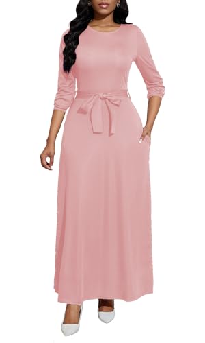 Image of BubFee Long Dress for Women Casual Long Sleeve Dresses Maxi Dress Empire Waist Loose with Belt