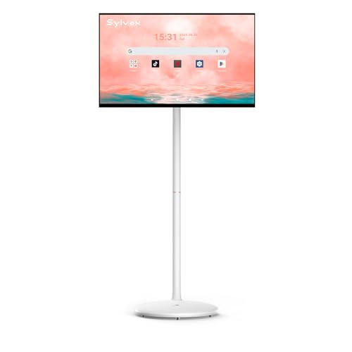 Image of SYLVOX 27 inch Portable Tablet on Wheels, Smart Touchscreen Monitor, Standbyme-Style, Android 14, 10,000mAh Battery (4-5H), 1080P, 8GB RAM 128GB Storage, Full Swivel, Google Play, White