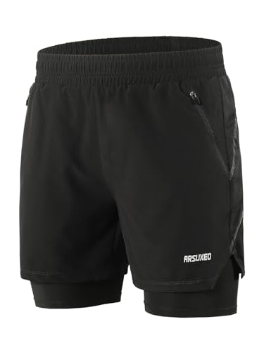 ARSUXEO Men's 2 in 1 Active Running Shorts Athletic Workout Shorts with 2 Zipper Pockets