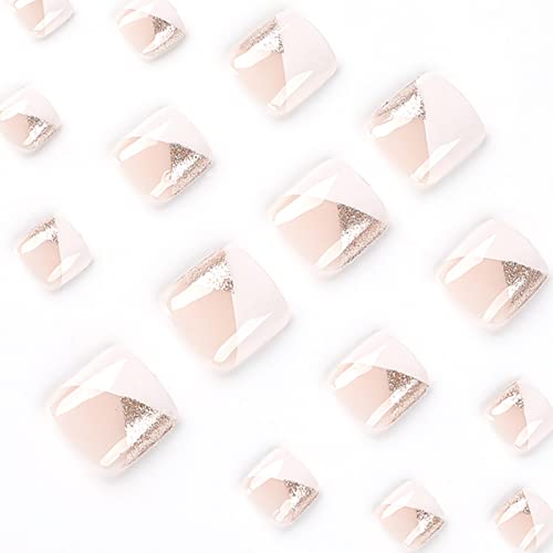 French Tip Press On Toenails, Short Fake Toenails With Glitter Design White Gold Beveled Edge Toenails Tips Design Full Cover Glossy Acrylic Toenails Spring Summer False Toe Nails For Women Girls #TOP2