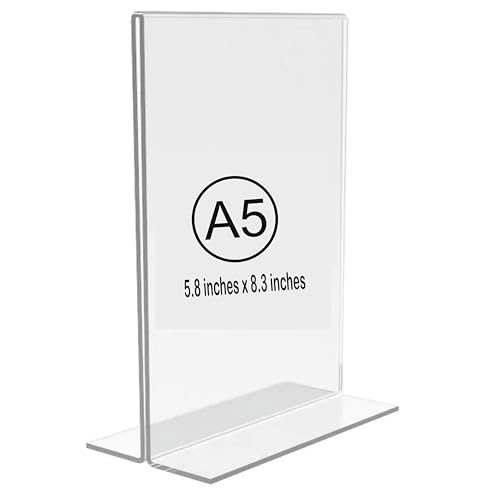 Image of NEILL Acrylic Sign Holder T Shape, Size-A5(5.8 inchx8.3 inch), Pack of 4 Pcs, Double Sided Portrait Display Stand Table Top Perfect for Restaurants, Promotions, Classroom