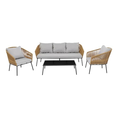 Image of Amazon Brand - Solimo Solix Outdoor Rope Sofa Set | Balcony Sofa | Patio Conversation Sets | Braided Rope Garden Sofa Set and Center Table (5 Seater-Beige)