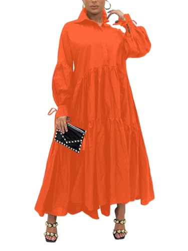 Image of Women's Long Sleeve Maxi Shirt Dress Elegant Button Down Loose Swing Party Dress