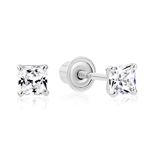 14k White Gold Solitaire Square Princess-cut CZ Stud Earrings with Secure Screw-backs