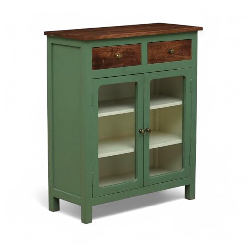 Image of Solid Wood Madrid 2 Drawers Crockery Unit | Sideboard Cabinet | Glass Door Cabinet | Finish - Premium Olive Green & Off White