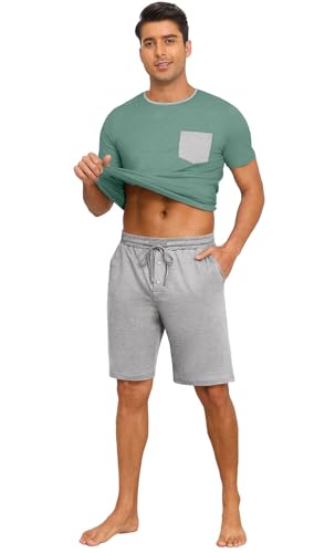Image of PrinStory Mens Summer Pajamas Set Lightweight Pjs Sets Short Sleeve Pajama Shorts Set Soft Sleepwear Loungewear with Pockets
