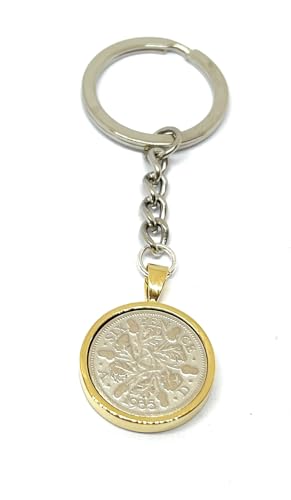 Porte-clés 90e anniversaire solution cadeau unique 1935 avec authentique pièce de 6 pence