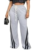 Unybwonn Women Wide Leg Gray Sweatpants Side Stripe High Waisted Drawstring Track Trousers Loose Casual Long Pants