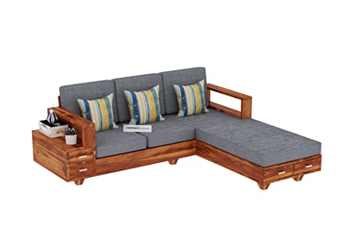 Image of Sheesham Wood 4 Seater L Shape Sofa Set with 2 Drawer Storage | 3+1 Wooden Sofa Set Furniture for Living Room Home Office (Honey Finish)