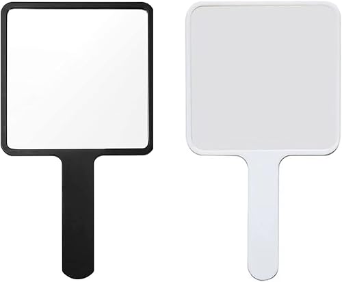 Espejo de mano rectangular de mano, espejo de mano de viaje, espejo cosmético con mango (negro y blanco)